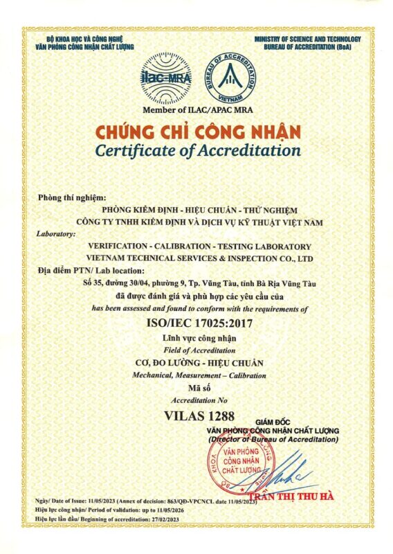 Chứng chỉ công nhận VILAS 1288